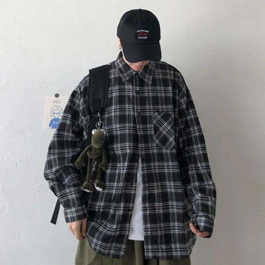 maoxiangshop Chemise Homme Street Men Blouse Shirts Vintage Oversized  Flannel Boyfriend Plaid Shirt For Women Casual Korean Tops