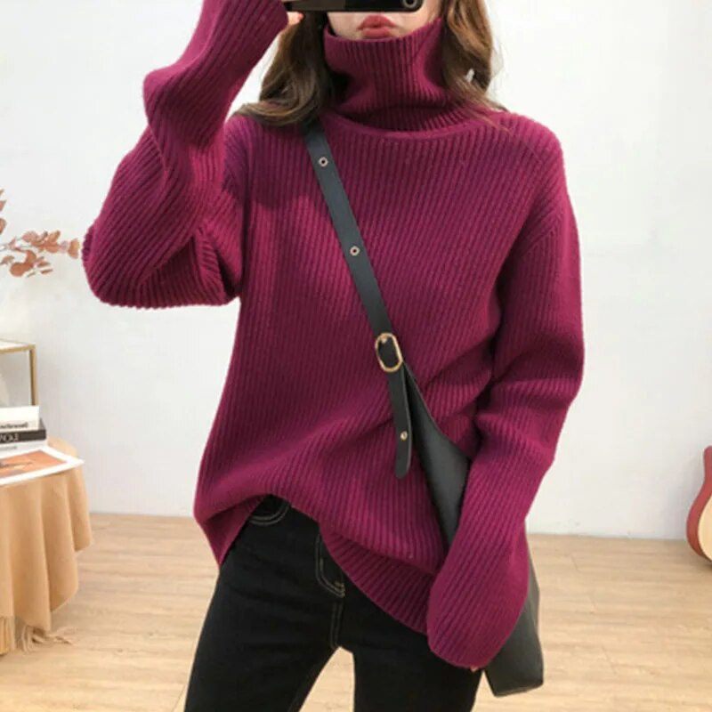 maoxiangshop Turtleneck Knitted Women Sweater Streetwear Long Sleeve Tops Pullover Black Korean Vintage Female High Neck Clothing Winter