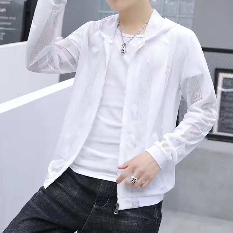 maoxiangshop Pierced Transparent Bomber Jacket Men Sun Protection Clothing Windbreaker Summer Thin Men Plaid Jackets Slim Fit Mens Coats