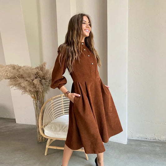 Women Corduroy Lantern Sleeve Casual Dress Stand Collar Button Folds Dresses Autumn Winter Vintage A-Line Party Midi Dress