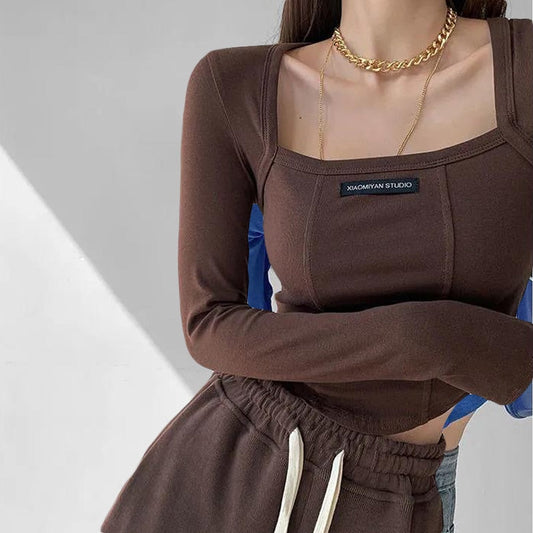 maoxiangshop American Style Brown Cropped Top Women Fashion Skinny Sexy Long Sleeve T Shirts Female Casual Square Neck Tees