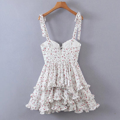 maoxiangshop Summer Women Floral Print Sexy Sling Chiffon Dress Ladies Sweet Ruffle Holiday Party Short Dress Chic Vestido