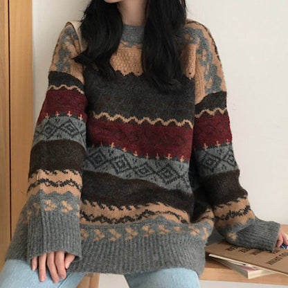 Winter Knitted Sweater Women Argyle Pullover Casual Loose Striped Sweater Vintage Chic Jumper Women Coat Long Sleeve Pull Femme