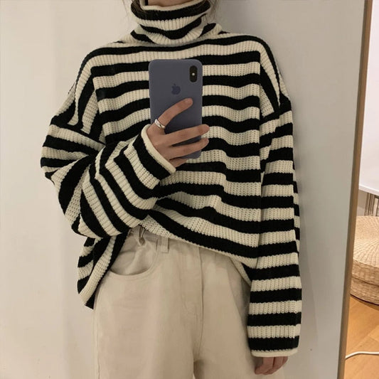 Winter Stripe Sweaters Women Turtleneck Sweater Knitted Harajuku Pullover Thicken Warm Jumper Female Long Sleeve Sueter Mujer