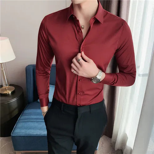 maoxiangshop Plus Size S-7XL High Quality Men Dress Shirt Autumn Long Sleeve Solid Business Slim Shirts Homme Dress Social Casual Shirt