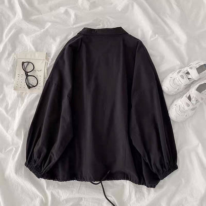 maoxiangshop Women Basic Jackets Turn Down Collar Zipper Harajuku Elastic BF Chic Ulzzang Loose Korean Style Cool Streetwear Casual Outerwear