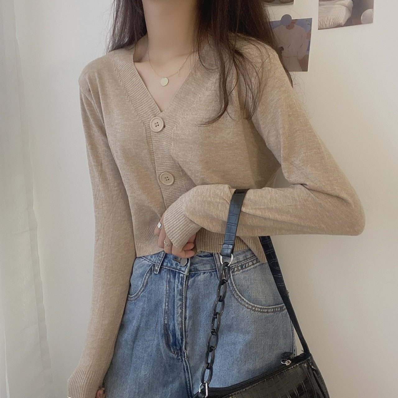 ladies button V-neck pullover sweater women's fall winter outer solid color cardigan long-sleeved short knitted tops