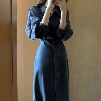 Vintage Evening Shirt Dresses for Women Party Fashion High Waist Korean Lace Up Long Woman Dress Elegant Autumn 2023 Vestidos