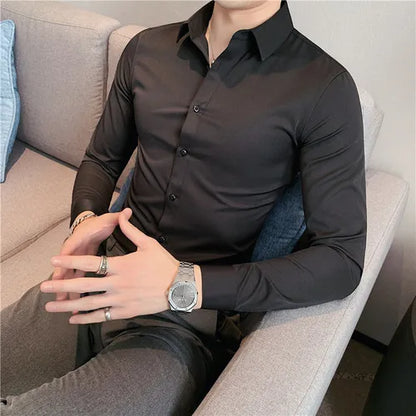 maoxiangshop Plus Size S-7XL High Quality Men Dress Shirt Autumn Long Sleeve Solid Business Slim Shirts Homme Dress Social Casual Shirt