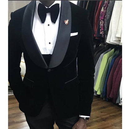 maoxiangshop Black Velvet Wedding Tuxedo 3 Piece African Men Suits for Winter Slim Fit Groom Male Fashion Costume Jacket Waistcoat with Pants