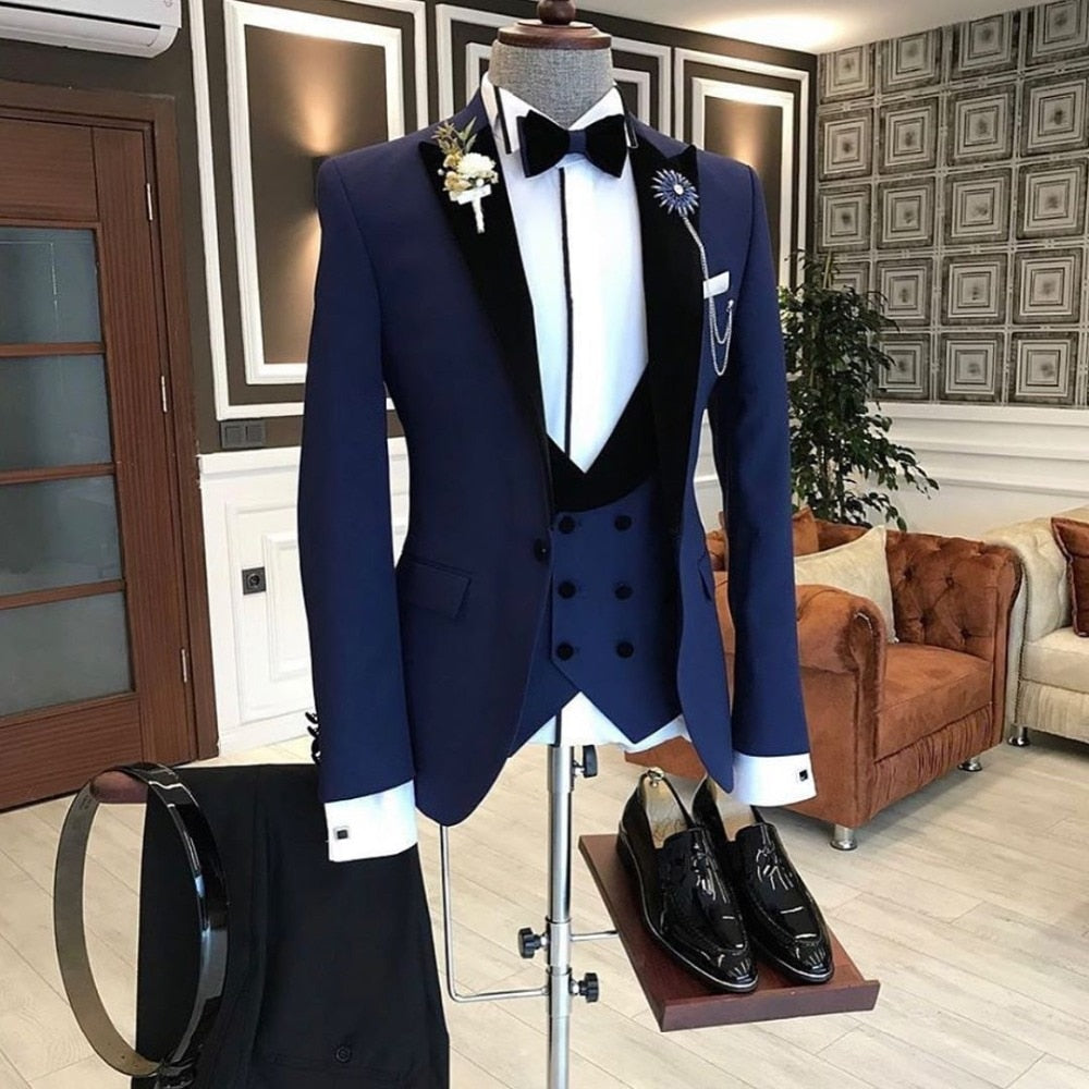 maoxiangshop Costume Homme Italian Business Slim Fit 3 Pieces Royal Blue Men's Suits Groom Prom Tuxedos Groomsmen Blazer for Wedding