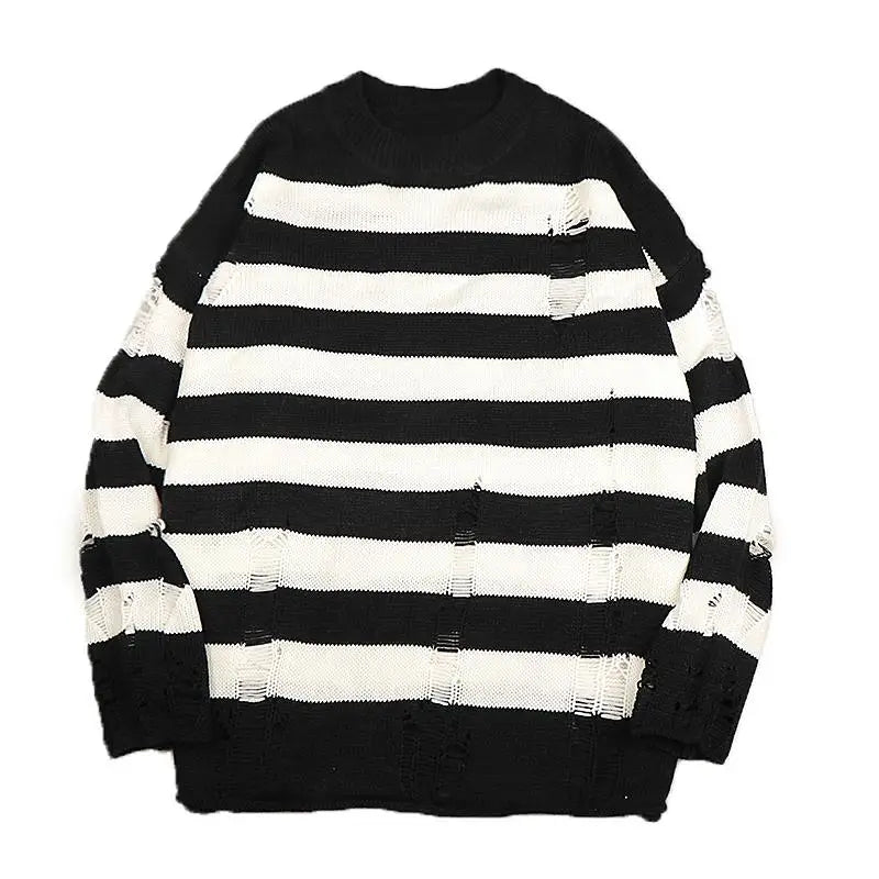 maoxiangshop Black Stripe Sweaters Destroyed Ripped Sweater Men Pullover Hole Knit Jumpers Men Oversized Sweatshirt Harajuku Long Sleeve Tops