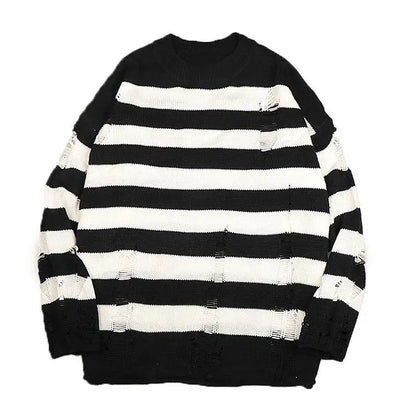 maoxiangshop Black Stripe Sweaters Destroyed Ripped Sweater Men Pullover Hole Knit Jumpers Men Oversized Sweatshirt Harajuku Long Sleeve Tops