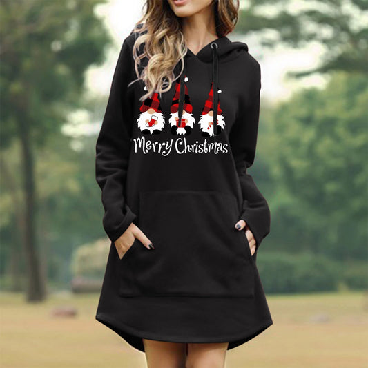 maoxiangshop Women Christmas Sweatshirts Casual Solid Color Printing Pullover Hooded Pocket Long Sleeve Dress Платье #8