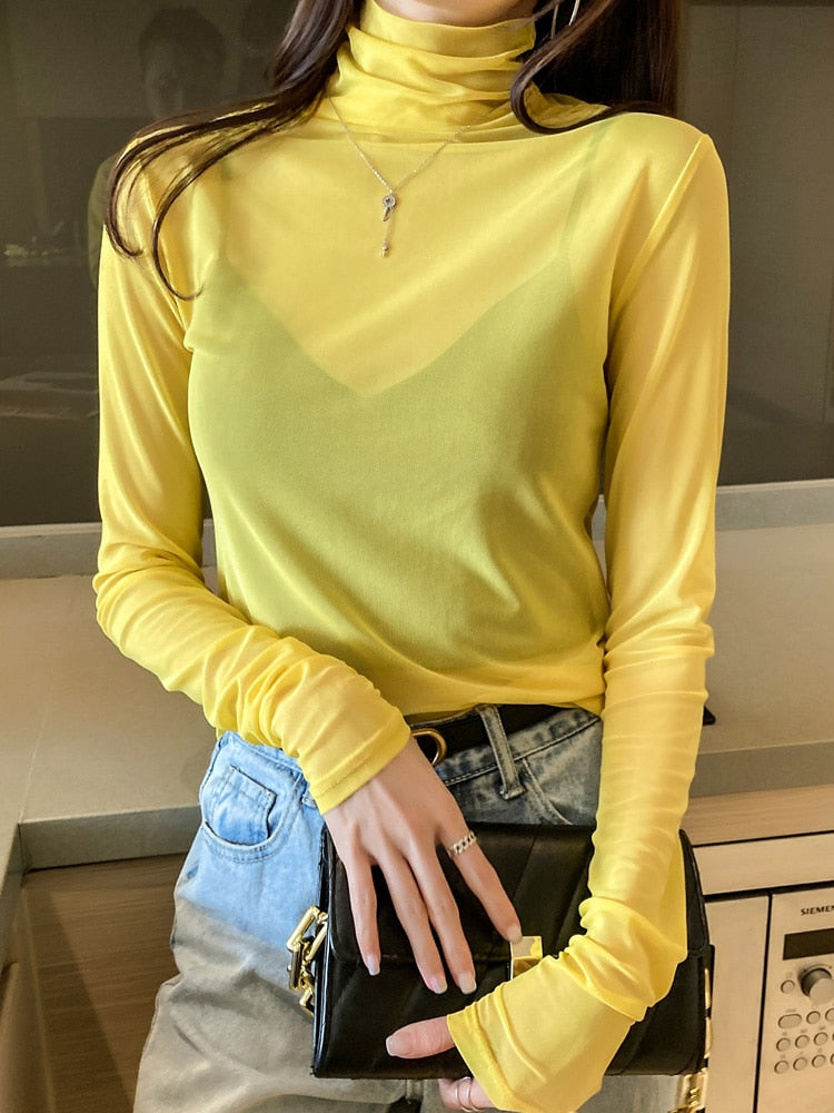 maoxiangshop Size M-3XL Girls Colorful Mesh T-Shirts Tees Female Transparent Long Sleeve Turtleneck Thin Tshirt Tops Women Spring Fall