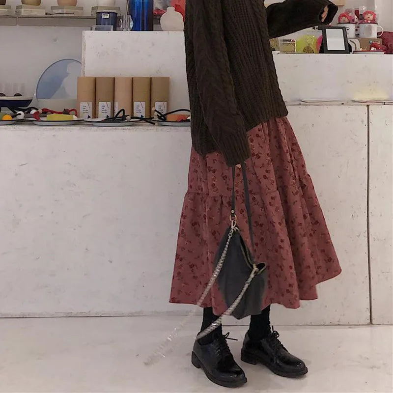 Lucyever High Waist Autumn Winter Long Skirts Women Elegant Flower Printed Midi Skirt Female Vintage Streetwear Pleated Skirt