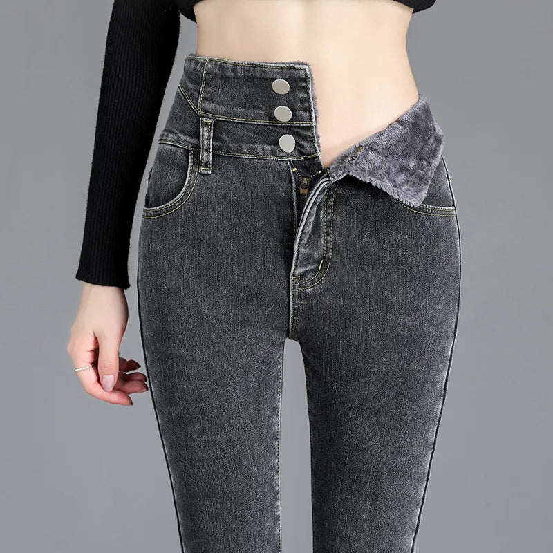 maoxiangshop Thermal Winter Thick Fleece High-waist Warm Skinny Jeans Thick Women Stretch Button Pencil Pants Mom Casual Velvet Jeans