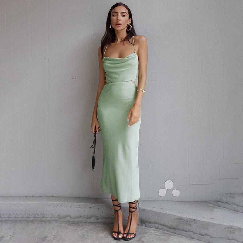 Women Spaghetti Strap Satin Long Dresses Sexy Lace Up Cross Bandage Backless Dress Elegant Bodycon Slim Party Dress Summer