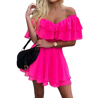 maoxiangshop Off Shoulder Ruffle Short Mini Dress Women Summer Fashion A Line Sundress Robe Female Solid Color Casual Sundress