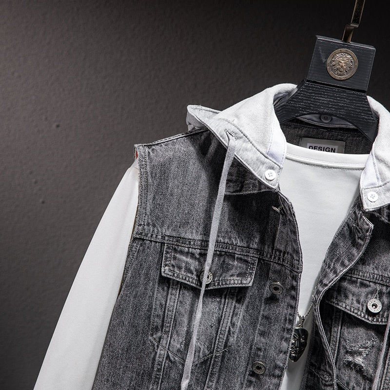 maoxiangshop Plus size Short Denim Vest men Detachable Hooded Coat Spring summer Side pockets Sleeveless Jeans Jacket Men's Tops-4XL