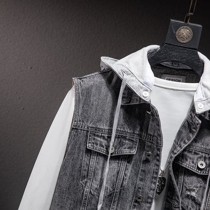 maoxiangshop Plus size Short Denim Vest men Detachable Hooded Coat Spring summer Side pockets Sleeveless Jeans Jacket Men's Tops-4XL
