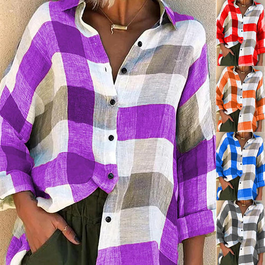 maoxiangshopWomen Turn Down Collar Check Plaid Buttons Shirt Top Long Sleeve Loose Blouse