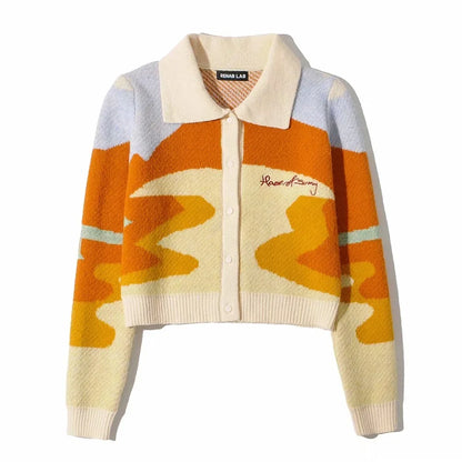 maoxiangshop  -  Letter Embroidery Harajuku Knitted Single Breasted Cropped Cardigan Women Autumn Long Sleeve Turn Down Collar Sweater Coat
