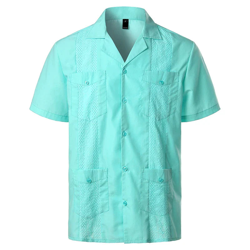 maoxiangshop Men's Traditional Cuban Camp Collar Guayabera Shirt Short Sleeve Embroidered Mexican Caribbean Style Beach Shirt with 4 Pocket