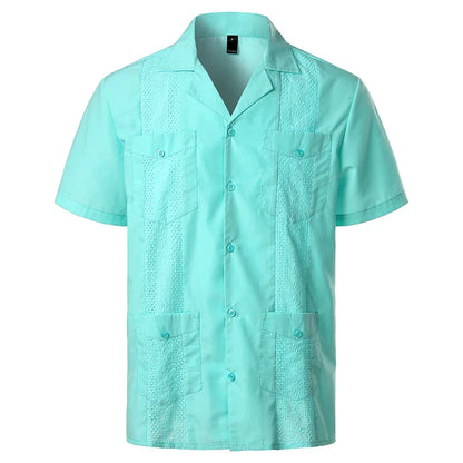 maoxiangshop Men's Traditional Cuban Camp Collar Guayabera Shirt Short Sleeve Embroidered Mexican Caribbean Style Beach Shirt with 4 Pocket