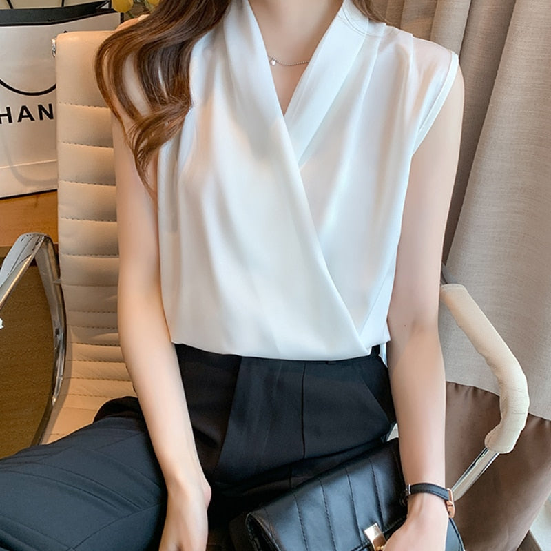 maoxiangshop Womens Tops Blouses Solid Color White Satin Blouse Office Shirt Blusas Sleeveless Women Shirts Black White Female