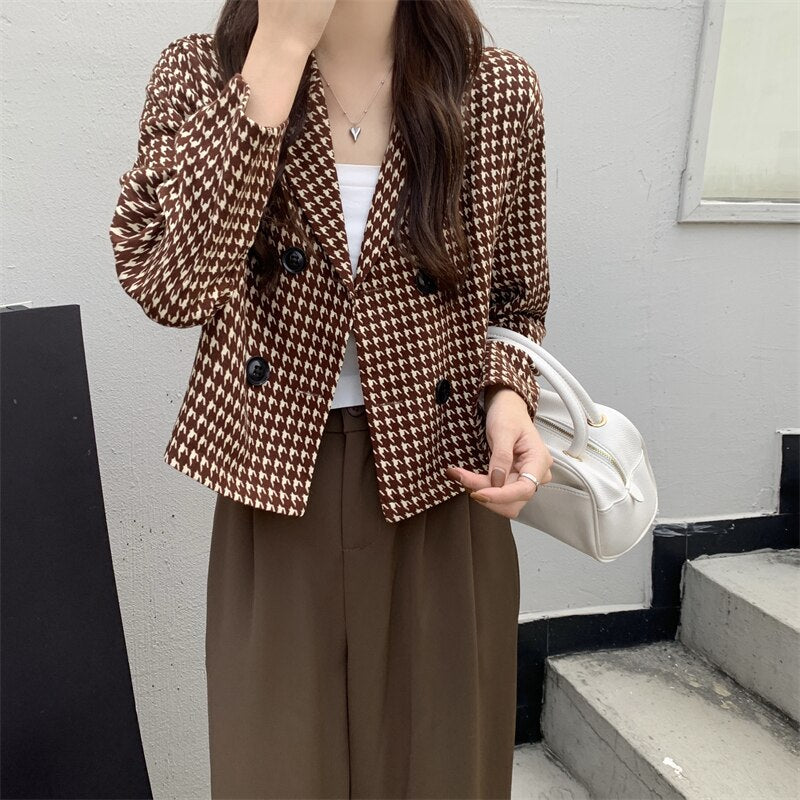 Y2K Elegant Autumn Winter Plaid Women Blazer Coat Causal Long Sleeve Tweed Coat Short Office Ladies Pocket Women Suit Blazer