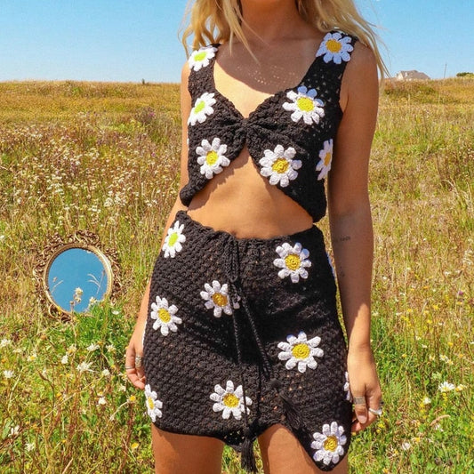 maoxiangshopSummer Knitted Suit Floral Crochet Crop Cami Top and High Waist Split Skirt Beach Vacation Y2K Two Piece Set Women Outfits