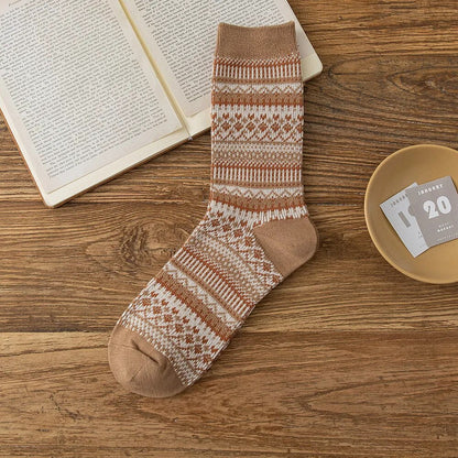 maoxiangshop 1 Pair Women Socks Spring Autumn Retro Style Men Couple Cotton Socks National Wind Stripes Pattern Khaki Solid Color Socks