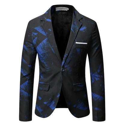 maoxiangshop WELL DRESSED MEN Gentleman Blazers Men Blue Patterning Printed Suit Jacket Casual Coat Prom Singer Concert Stage Costume Winter Size S-5XL