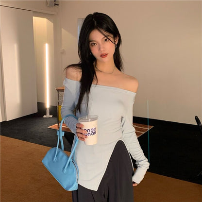 maoxiangshop New Women's Slim Off-shoulder Full Sleeve T-shirts Girls Solid Stretchy Irregular Split Tshirt Tops Slash Neck Tees