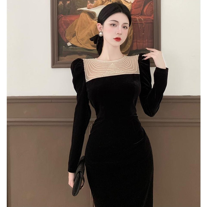 maoxiangshop Black Elegant Evening Midi Dress Women Bodycon France Vintage Velvet Party Dress Ladies Korean Fashion Chic Dresses Autumn