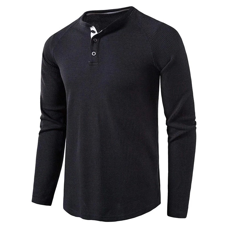 maoxiangshop Fashion Waffle Cotton T Shirt Men Spring New Slim Fit Long Sleeve Henley Tshirt Men Streetwear Casual Solid Color T-Shirt