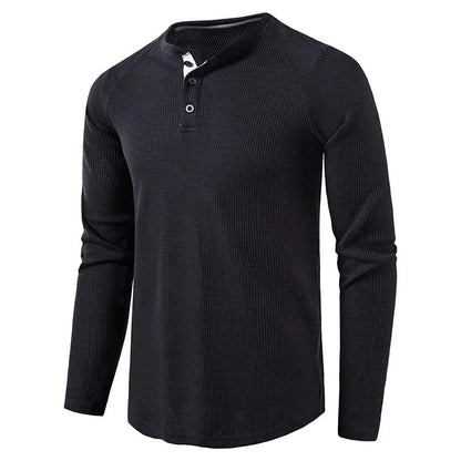 maoxiangshop Fashion Waffle Cotton T Shirt Men Spring New Slim Fit Long Sleeve Henley Tshirt Men Streetwear Casual Solid Color T-Shirt