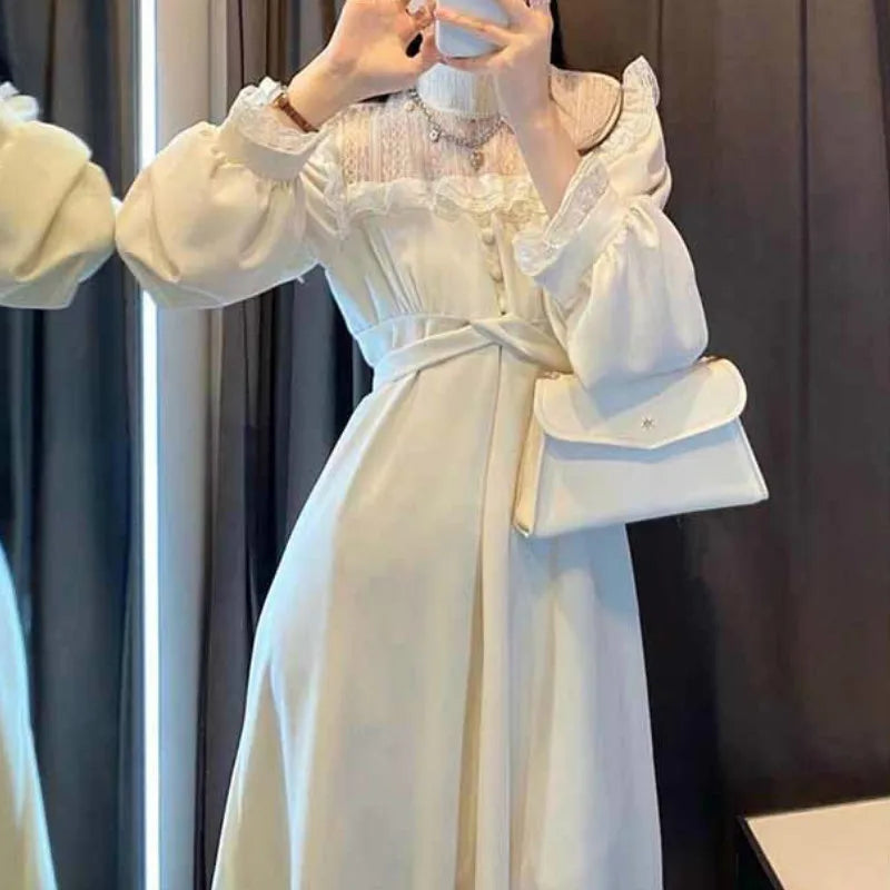 French Lace Vintage Dress Women Fashion Puffer Sleeve Elegant One Piece Dress Korean 2022 Spring High Street Slim Midi Dress Y2k