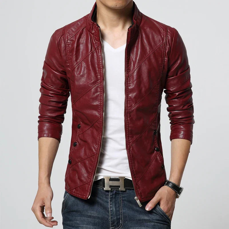 maoxiangshop Spring and Autumn Men's Casual Leather Jacket Large Size Men's Leather Jacket Men's PU Leather Red Jacket S-4XL