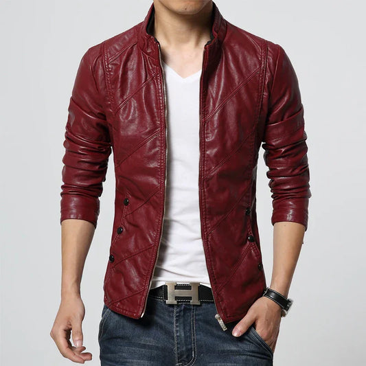 maoxiangshop Spring and Autumn Men's Casual Leather Jacket Large Size Men's Leather Jacket Men's PU Leather Red Jacket S-4XL