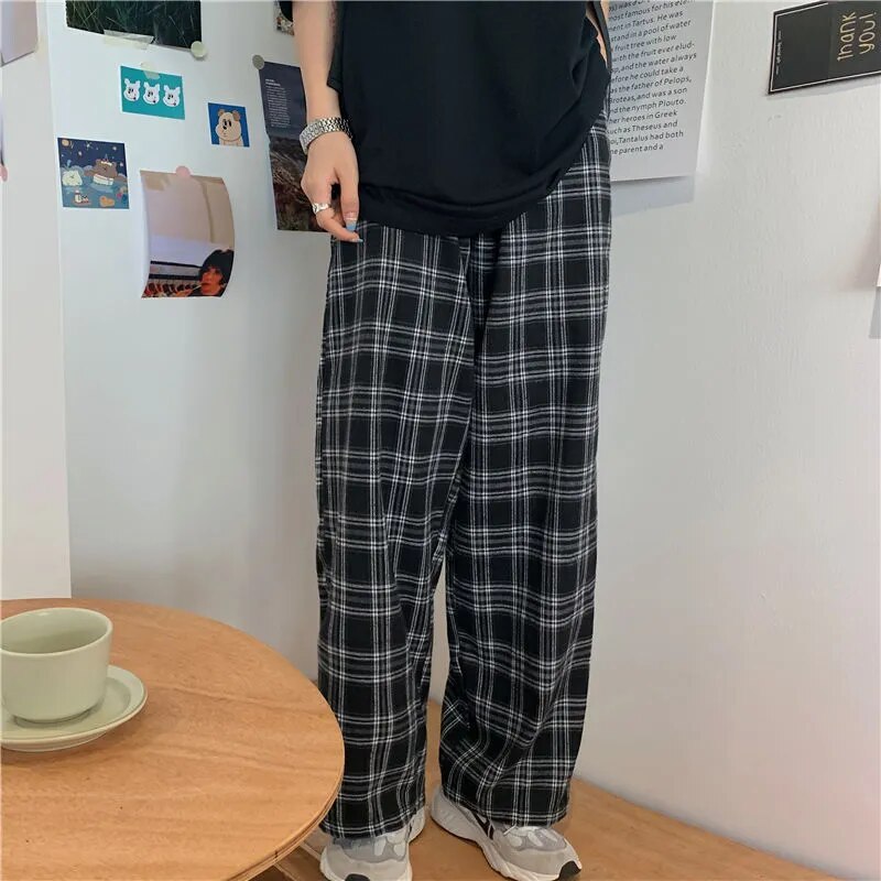 maoxiangshop Black and Pink Plaid Pants Oversize Women Pants High Waist Loose Wide Leg Trousers Ins Retro Teens Straight Trousers Streetwear