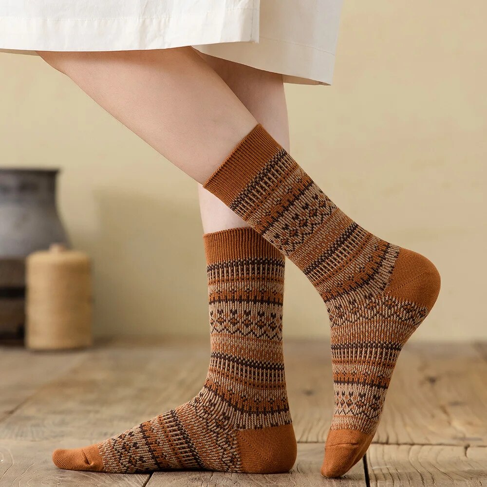 maoxiangshop 1 Pair Women Socks Spring Autumn Retro Style Men Couple Cotton Socks National Wind Stripes Pattern Khaki Solid Color Socks