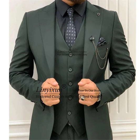 maoxiangshop Classic Dark Green Slim Fit Men Suits Peak Lapel Wedding Tuxedo Groom Prom Male Blazer 3 Pieces Jacket Pant Vest Terno Masculino