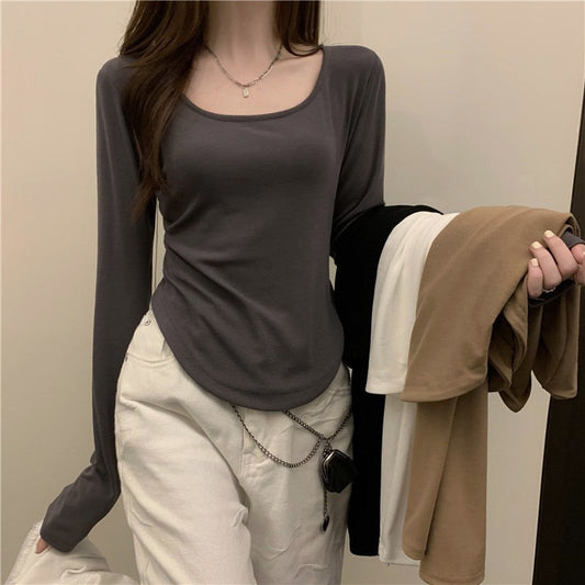 maoxiangshopWomen Long Sleeve Square Neck T-Shirt Spring And Autumn New Irregular Hem Slim Casual Top Girl Bottom Shirts
