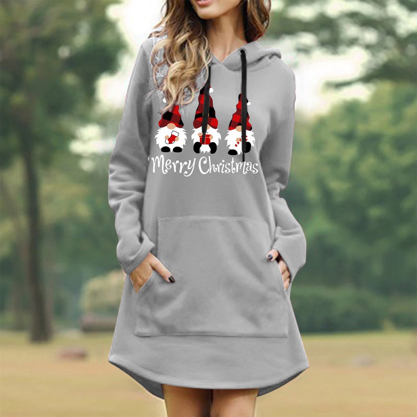 maoxiangshop Women Christmas Sweatshirts Casual Solid Color Printing Pullover Hooded Pocket Long Sleeve Dress Платье #8