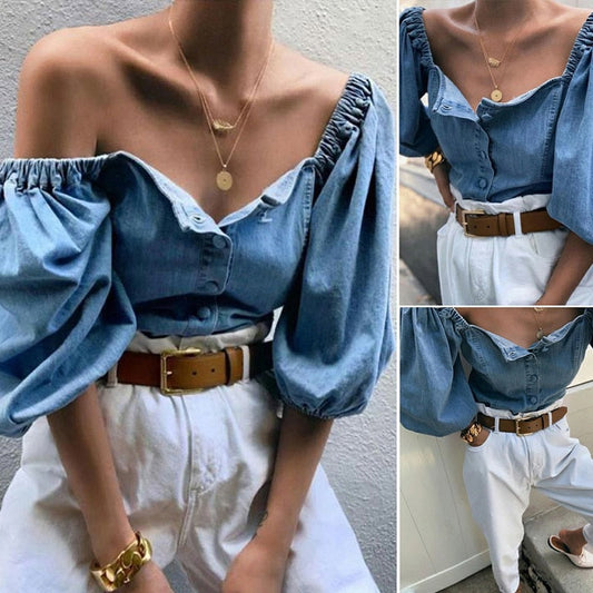 maoxiangshop Off Shoulder Puff Sleeve Women's Shirs Autumn Sexy Single Breasted Female Denim Tops Spring Trend Fashion Ladies Shirts