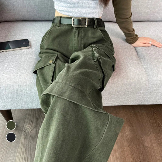 maoxiangshopY2K Cargo Pants Women Green Wide Leg Cargo Trousers Female Korean Streerwear Hip Hop Pockets Casual Retro Safari Style