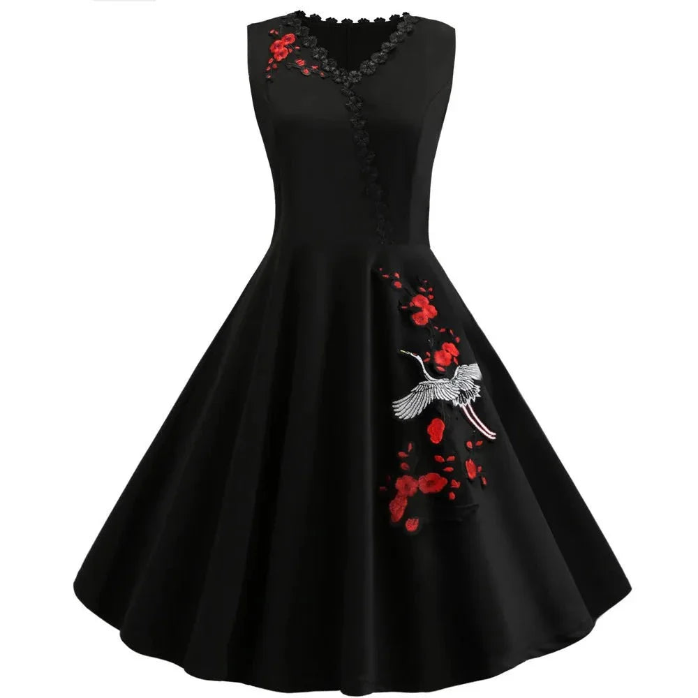 maoxiangshop M-4XL Women Retro Dress Vintage 50s 60s Rockabilly Swing Party Dress Female Elegant Embroidered Vestidos