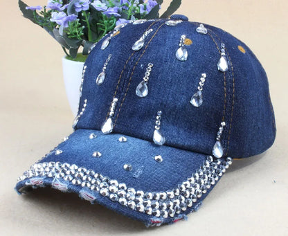 maoxiangshop New Denim Hip Hop Caps Fashion Leisure Woman Cap With Water Drop Rhinestones Vintage Jean Cotton Baseball Caps For Men Hot Sale